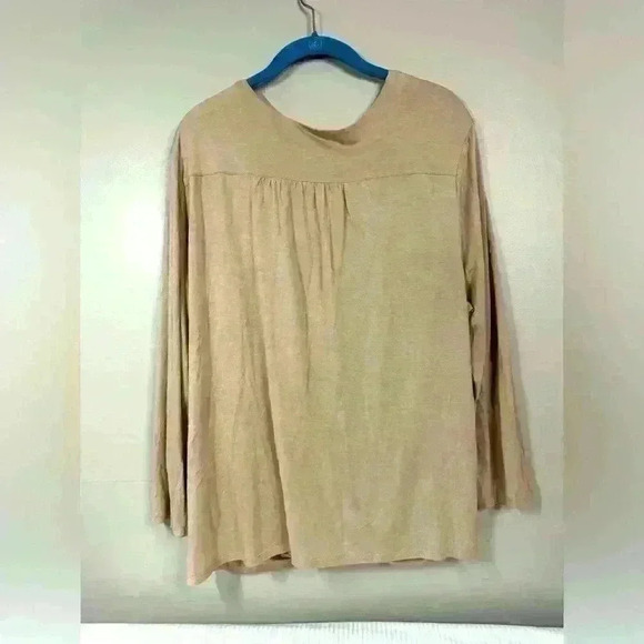 Taupe Tan Drape Front Blouse XL Long Sleeve Soft Neutral Minimalist Chic - Picture 4 of 8
